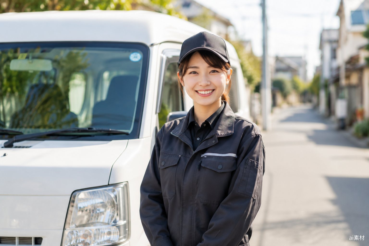 車両の前で笑顔を見せるドライバー（AI生成素材）